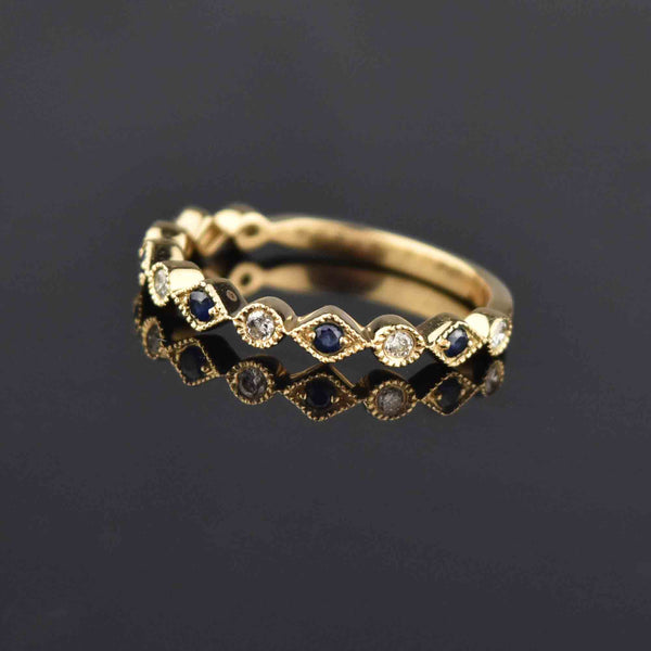 Vintage Scalloped 14K Gold Sapphire Diamond Band Ring, Sz 7 - Boylerpf