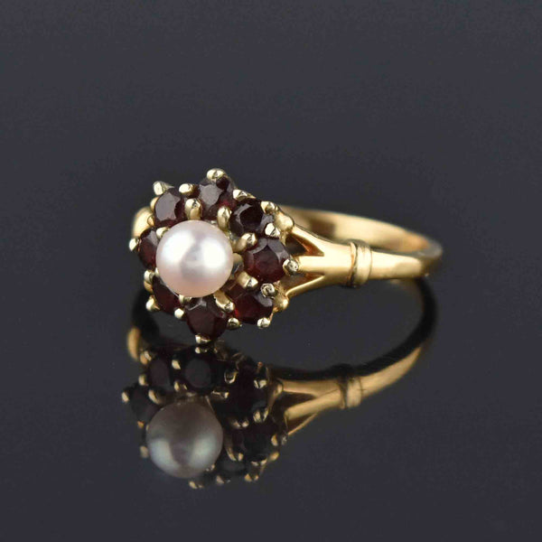 Vintage 14K Gold Pearl Garnet Halo Ring, Sz 7.5 - Boylerpf