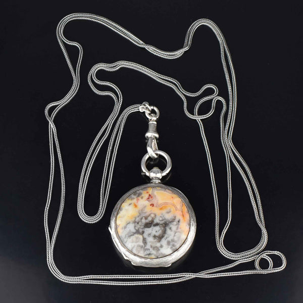 Victorian Agate Pocket Watch Locket w Guard Muff Chain - Boylerpf