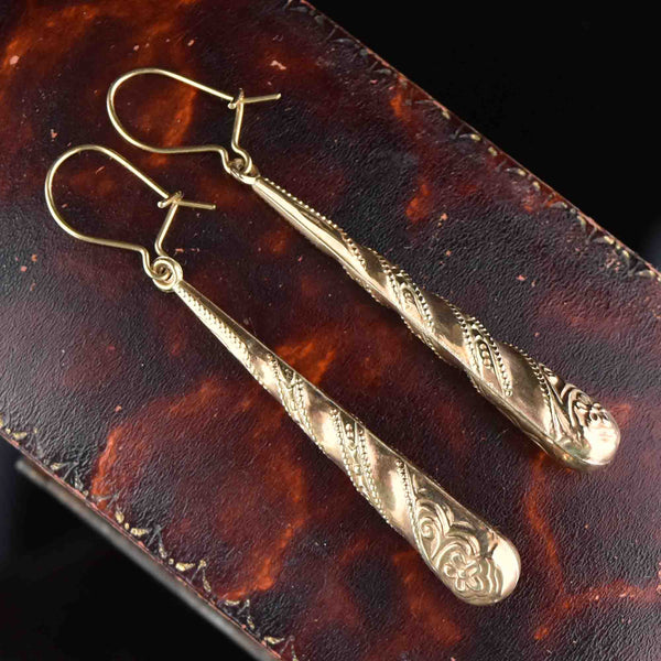 Antique Carved Floral 9K Gold Dangle Earrings - Boylerpf