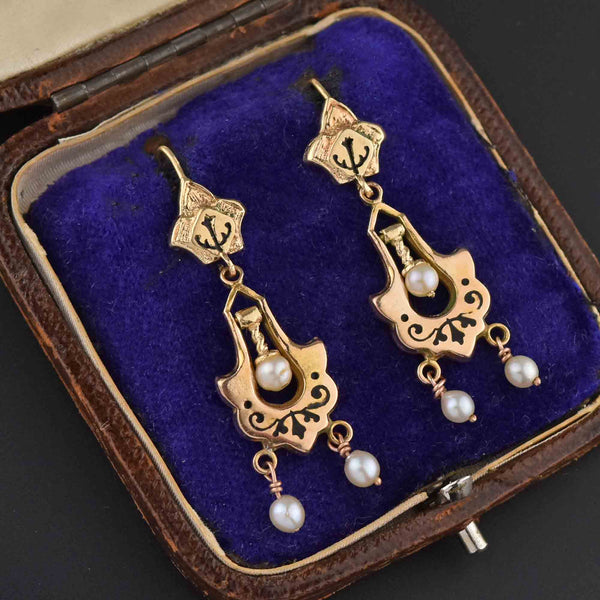 Antique Victorian 14K Gold Enamel Tracery Pearl Earrings - Boylerpf