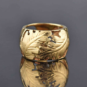 Italian 14K Gold Wide Engraved Leaf Band Ring - Boylerpf