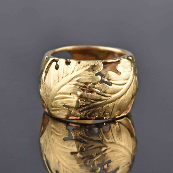 Italian 14K Gold Wide Engraved Leaf Band Ring - Boylerpf