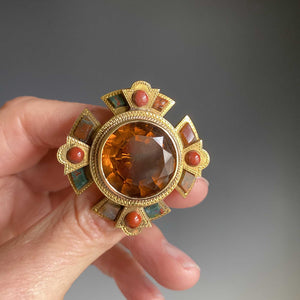 Antique Scottish Agate 20 CTW Citrine Brooch 14K Gold - Boylerpf