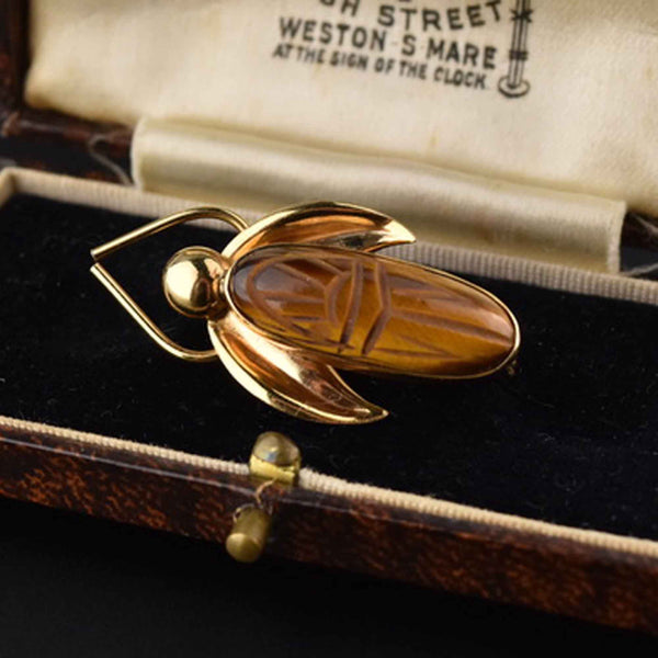 Vintage Tiger's Eye Scarab Bug Brooch - Boylerpf