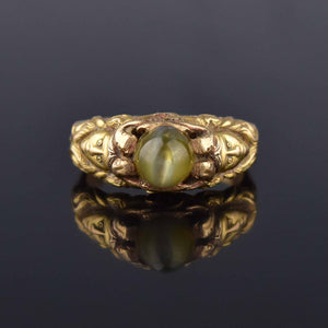 Art Nouveau 18K Gold Cat's Eye Chrysoberyl Ring, Figural Faces - Boylerpf