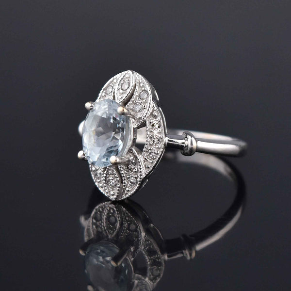 Art Deco Style 14K White Gold Diamond Aquamarine Ring - Boylerpf