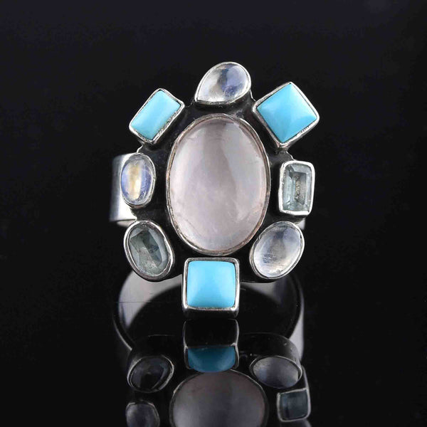 Silver Turquoise Moonstone Rose Quartz Statement Ring, Sz 9 - Boylerpf