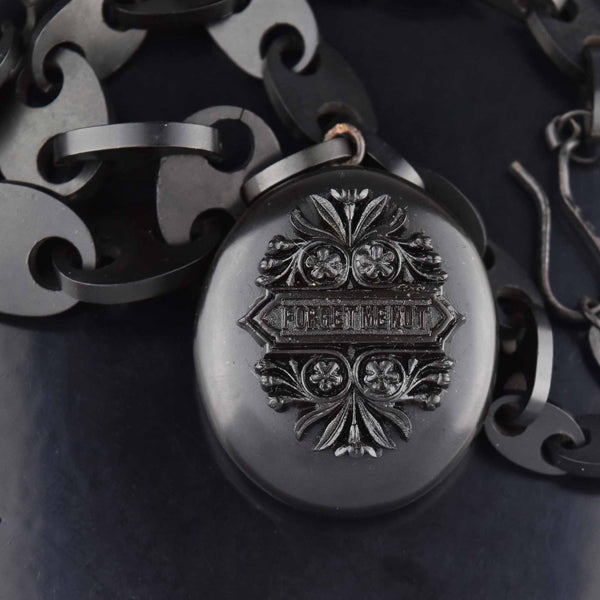 Antique Victorian Gutta Percha Locket Necklace, Forget Me Not - Boylerpf