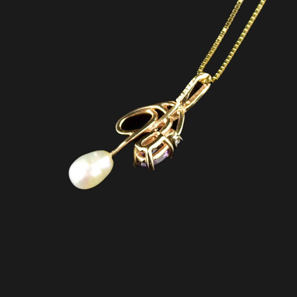 14K Gold Amethyst Diamond Pearl Pendant Necklace - Boylerpf