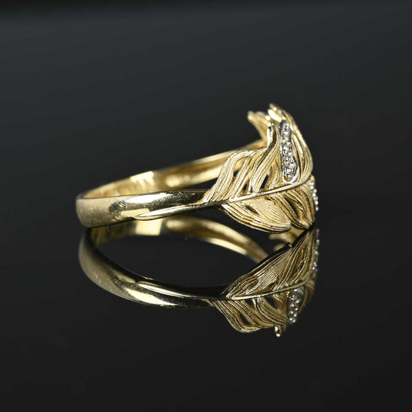 Vintage 14K Gold Diamond Feather Ring - Boylerpf