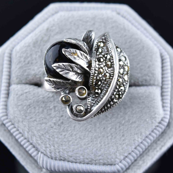 Vintage Arts and Crafts Style Silver Onyx Marcasite Flower Ring - Boylerpf