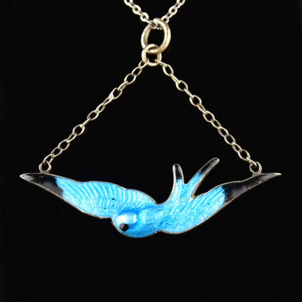 Art Deco Silver Enamel Swallow Bird Necklace - Boylerpf