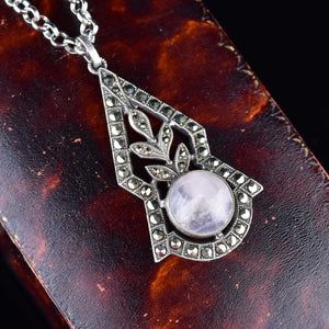 Silver Rose Quartz Marcasite Art Deco Pendant - Boylerpf