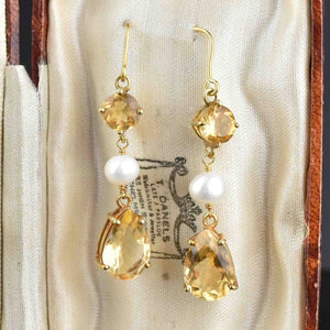 Vintage Gold Pearl Citrine Drop Earrings - Boylerpf