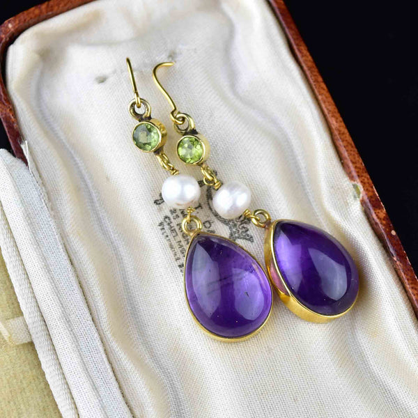 Gold Peridot Pearl Amethyst Suffragette Earrings - Boylerpf