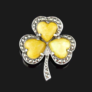 Vintage Connemara Marble Marcasite Shamrock Brooch - Boylerpf