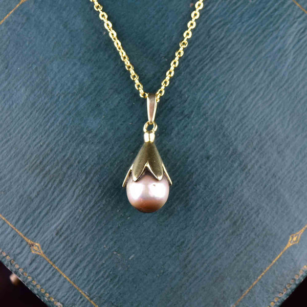 Vintage Gray Pearl 14K Gold Pendant Necklace - Boylerpf