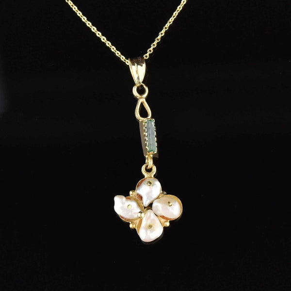 14K Gold Emerald Baroque Pearl Lavalier Pendant Necklace - Boylerpf