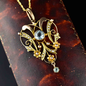 Edwardian Gold Aquamarine Lavaliere Pendant Necklace - Boylerpf