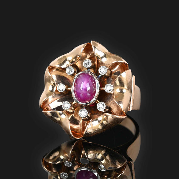 Retro Diamond Ruby Star Sapphire Ring, Heavy 14K Rose Gold - Boylerpf
