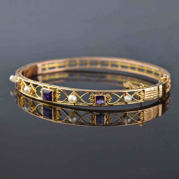 Antique Victorian 14K Gold Pearl Amethyst Bracelet - Boylerpf