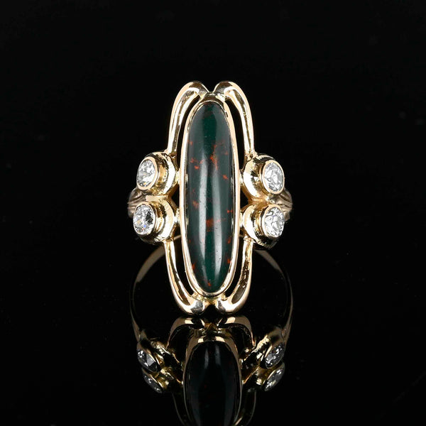 Antique Navette Diamond Bloodstone Ring in 14K Gold - Boylerpf