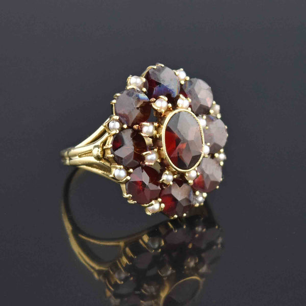 1930s Pearl Rose Cut Garnet Cluster 14K Gold Ring - Boylerpf