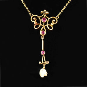 Antique Edwardian 10K Gold Pearl Ruby Necklace - Boylerpf