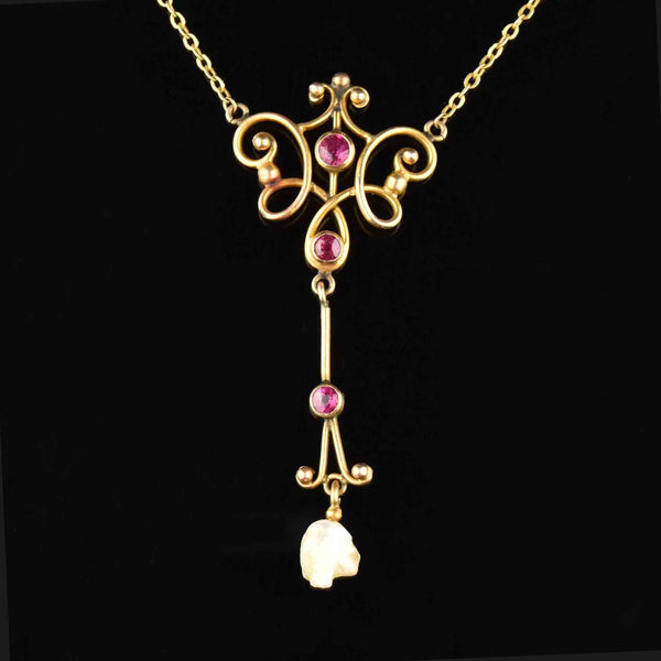 Antique Edwardian 10K Gold Pearl Ruby Necklace - Boylerpf