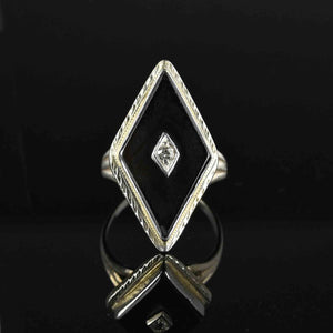 Art Deco 14K White Gold Diamond Onyx Ring - Boylerpf