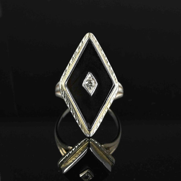 Art Deco 14K White Gold Diamond Onyx Ring - Boylerpf