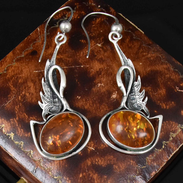 Vintage Silver Swan Amber Chandelier Earrings - Boylerpf