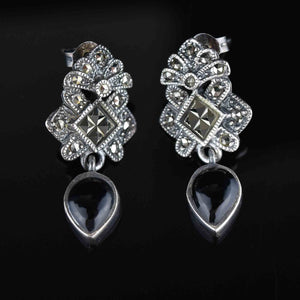 Vintage Silver Onyx Marcasite Dangle Earrings - Boylerpf