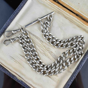 Antique Silver Double Albert Watch Chain Necklace - Boylerpf