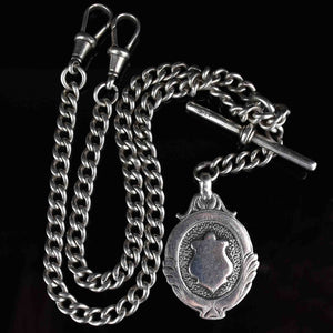 Edwardian English Silver Shield Medallion Watch Chain Necklace - Boylerpf