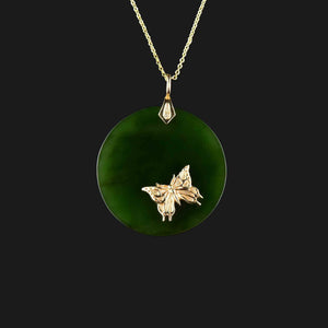 14K Gold Butterfly Jade Disk Pendant Necklace - Boylerpf