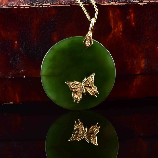 14K Gold Butterfly Jade Disk Pendant Necklace - Boylerpf