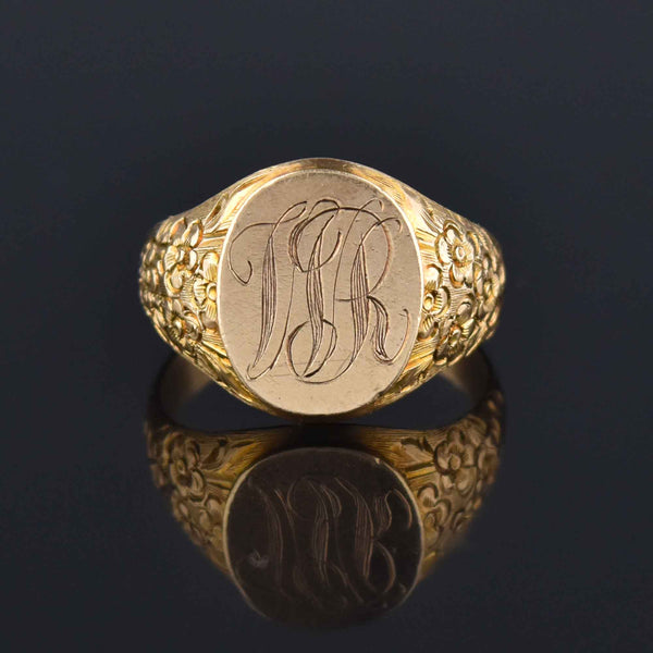 Mens Edwardian Gold Signet Ring, Forget Me Not Engraved - Boylerpf