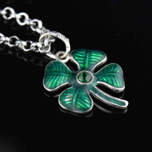 Sterling Silver Green Enamel Four Leaf Clover Pendant Necklace - Boylerpf