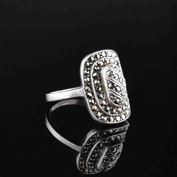 Art Deco Style Sterling Silver Marcasite Cocktail Ring, Sz 6 - Boylerpf