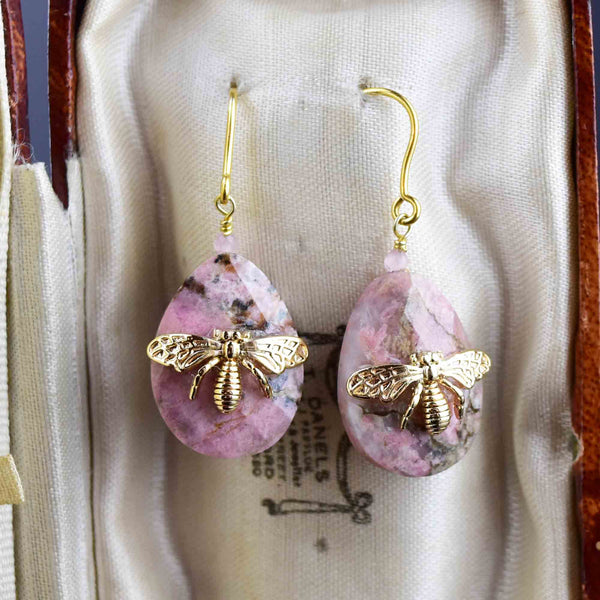 Vintage Gold Bee Rhodonite Pendant Earrings - Boylerpf