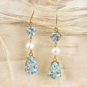 Vintage Gold Pearl Blue Topaz Dangle Earrings - Boylerpf