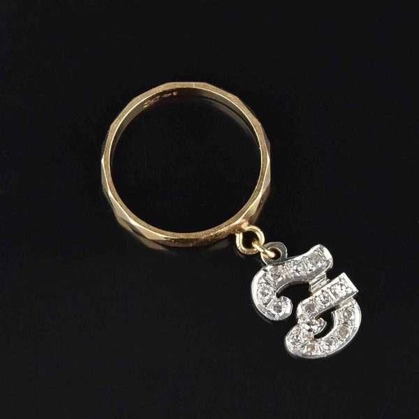 Vintage 14K Gold Initial F or J Diamond Dangle Charm Ring - Boylerpf