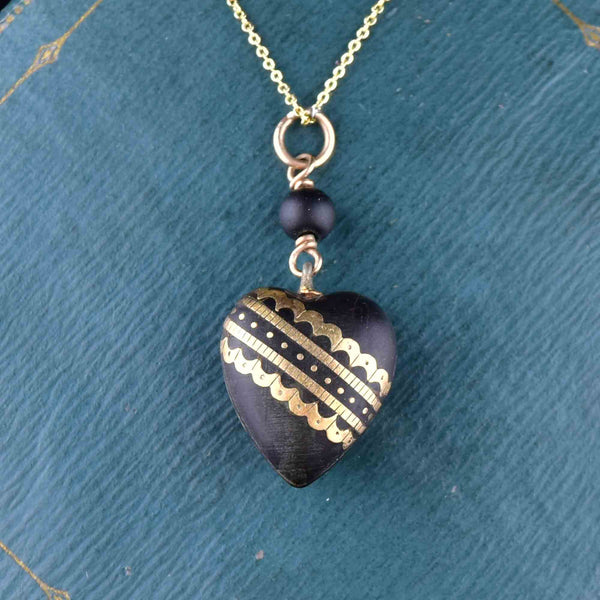 Antique Victorian Gold Pique Heart Pendant Necklace - Boylerpf