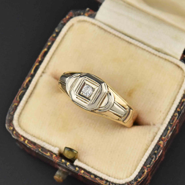Art Deco Diamond Solitaire Wide Gold Band Ring - ON HOLD - Boylerpf