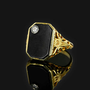 Art Deco 14K Gold Filigree Onyx Diamond Ring - Boylerpf