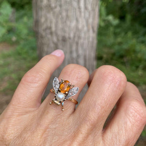 Antique Diamond Citrine Pearl 18K Gold Insect Ring - Boylerpf