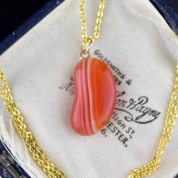 Vintage Gold Banded Agate Bean Pendant Necklace - Boylerpf