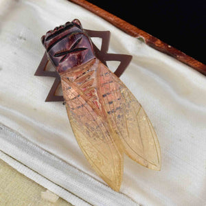 Vintage Art Deco Carved Horn Cicada Brooch - Boylerpf
